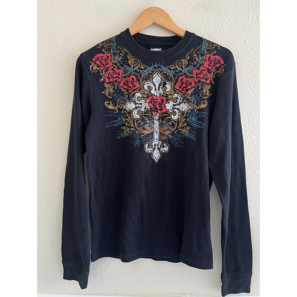 MMA Elite Y2K Waffle Knit Thermal Shirt M Black Cross Roses Cyber Grunge Vintage